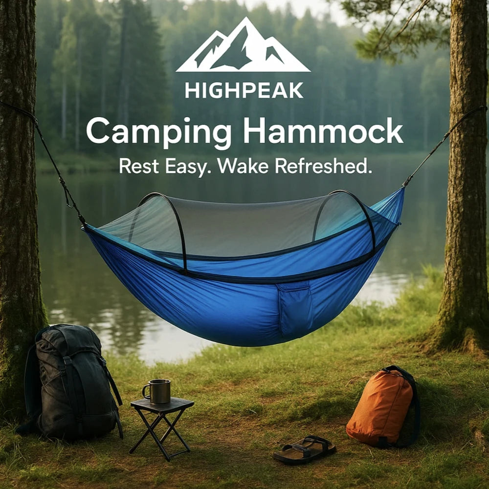 HighPeak Camping Hammock with Mosquito Net in blue set up between trees by a lake with backpack and camping gear nearby