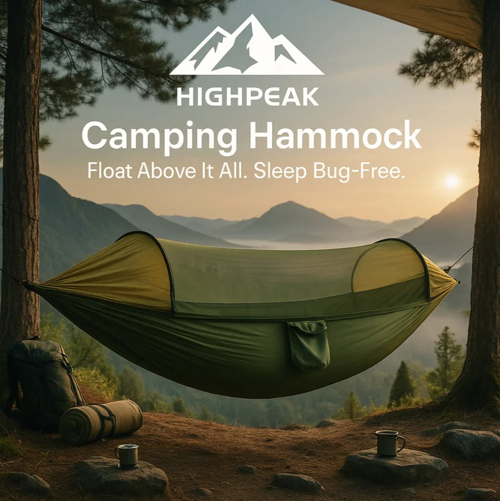 HighPeak Camping Hammock with Mosquito Net in green nylon ripstop, hanging between trees with scenic mountain view at sunset