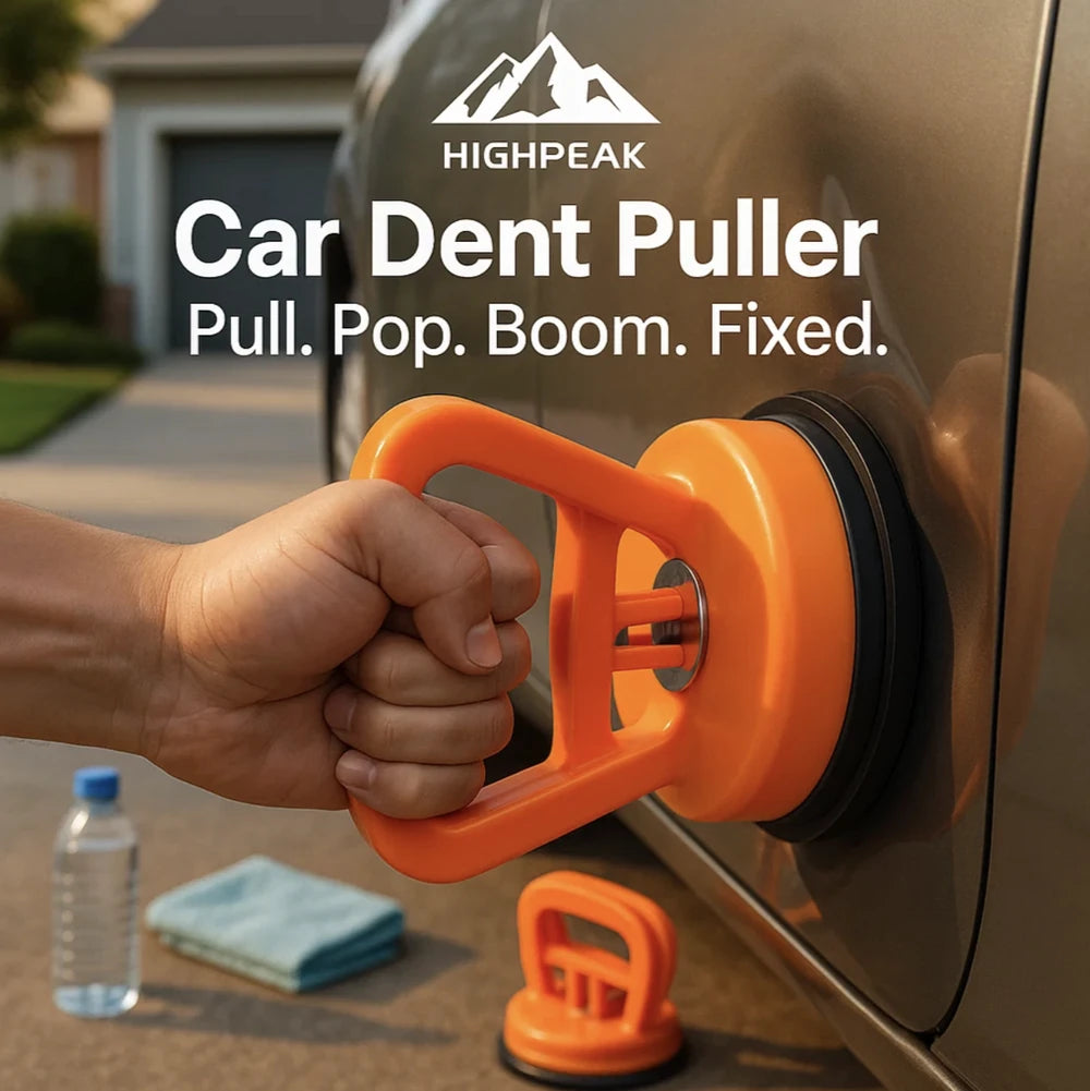 HighPeak Car Dent Puller Suction Cup Set in orange being used on a gray car door for a dent repair.