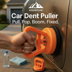 HighPeak Car Dent Puller Suction Cup Set in orange being used on a gray car door for a dent repair.