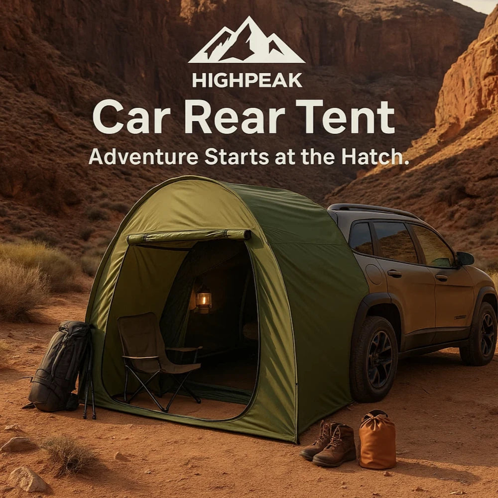 HighPeak Car Rear Tent in olive green attached to SUV with camping gear in desert setting at sunset