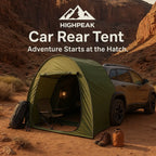 HighPeak Car Rear Tent in green attached to an SUV rear hatch with camping chairs and gear in desert setting