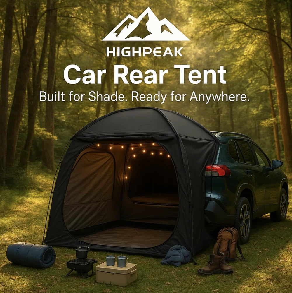 HighPeak Car Rear Tent in black attached to green SUV in forest, showing spacious interior with string lights and camping gear.