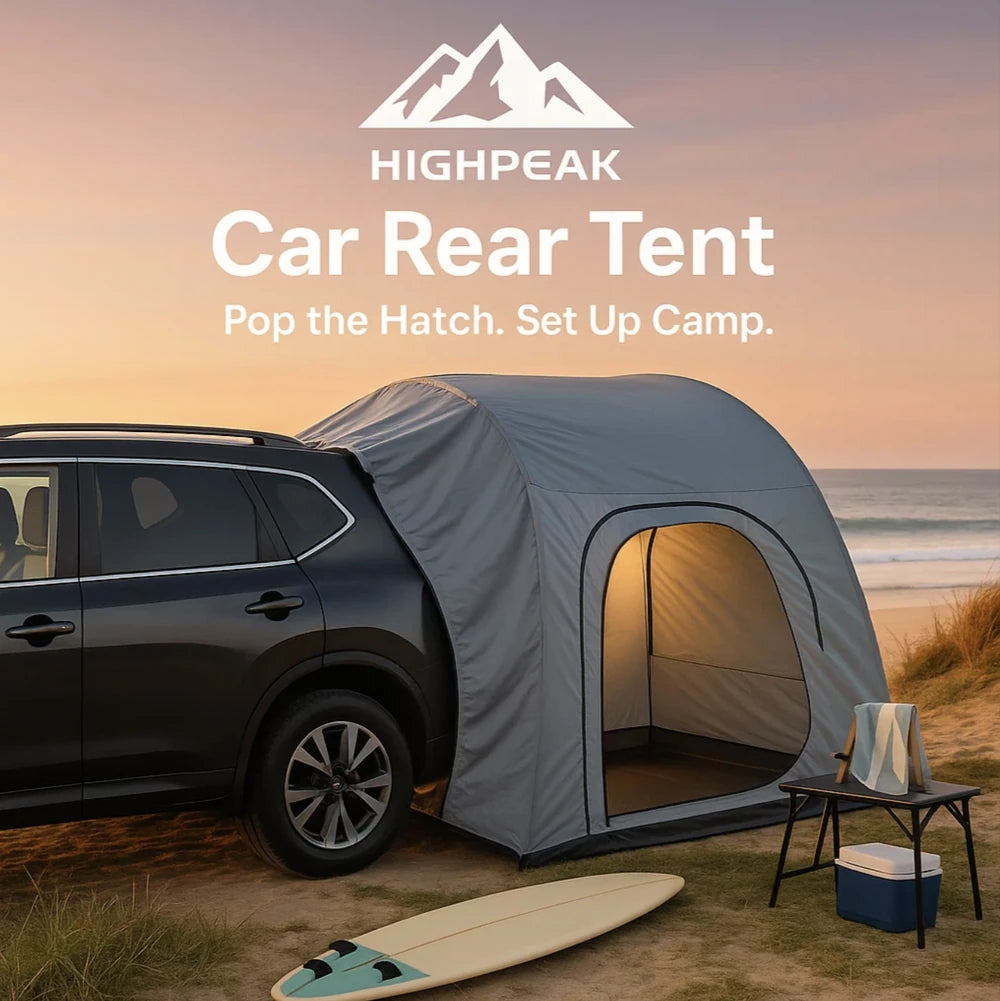 HighPeak Car Rear Tent in gray attached to black SUV on beach at sunset, showing spacious, waterproof camping shelter.