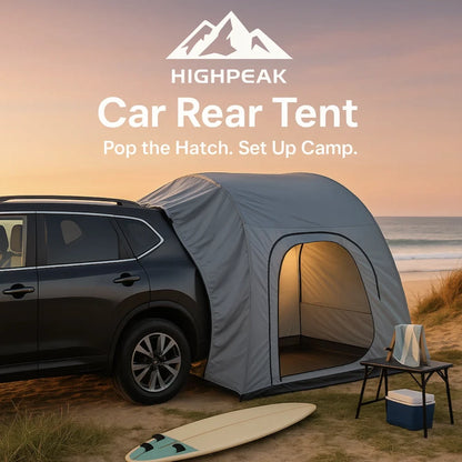 HighPeak Car Rear Tent in gray attached to black SUV on beach at sunset, showing spacious, waterproof camping shelter.