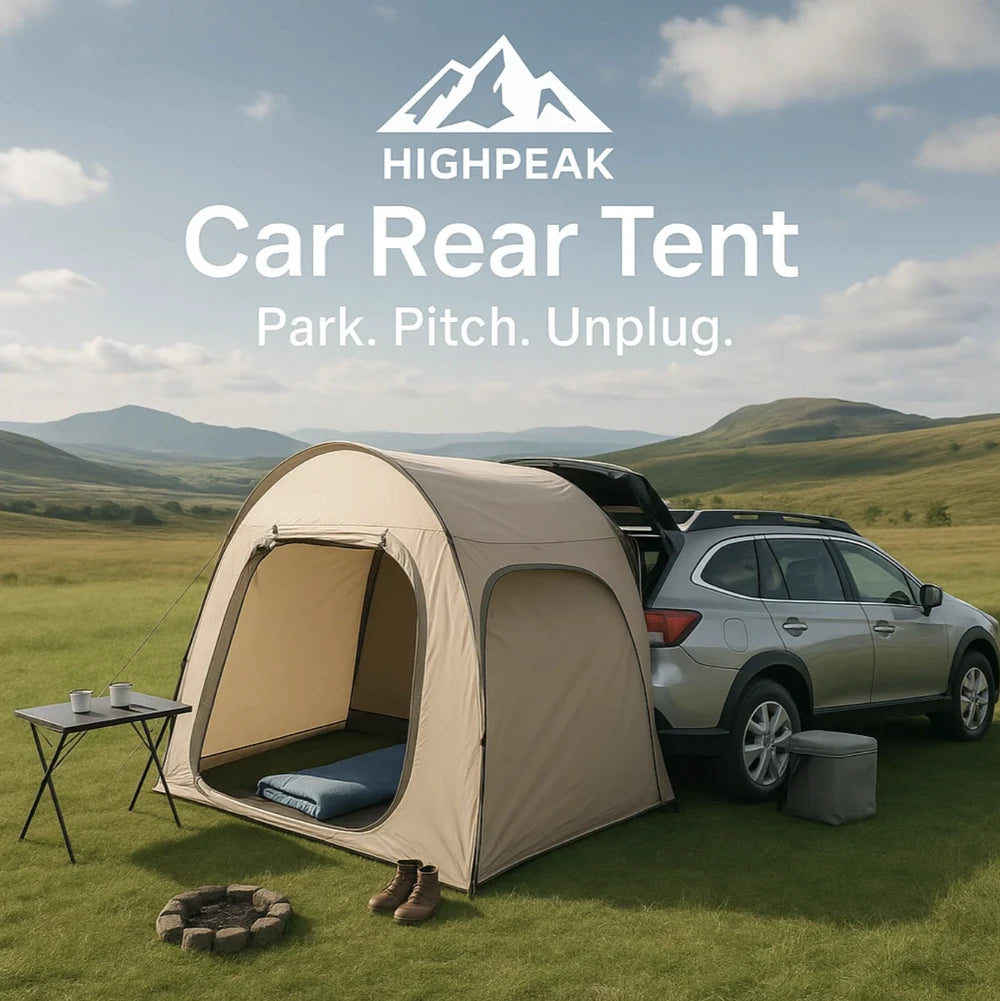 HighPeak Car Rear Tent in beige attached to silver SUV with camping gear on grassy field and hills background