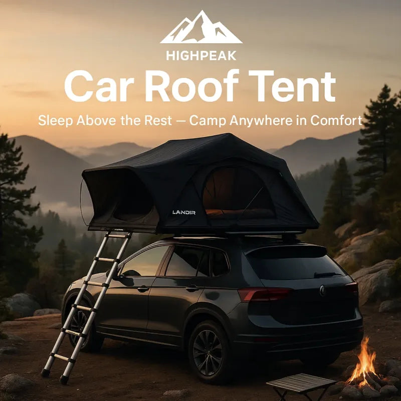 HighPeak Car Roof Tent in black mounted on SUV with ladder at sunset in forest camping scene