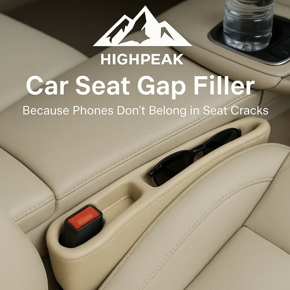 HighPeak Car Seat Gap Filler in beige PU leather storing sunglasses beside seatbelt buckle in car interior
