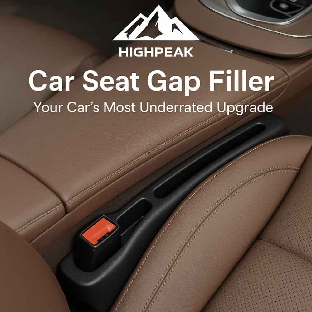HighPeak Car Seat Gap Filler in black PU leather between brown seats organizing essentials in a car interior