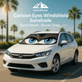 HighPeak Cartoon Eyes Windshield Sunshade with blue anime eyes on a white SUV parked under palm trees blocking sun rays