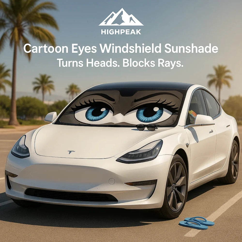 HighPeak Cartoon Eyes Windshield Sunshade on white sedan parked outdoors under palm trees, blocking sun and adding anime style.