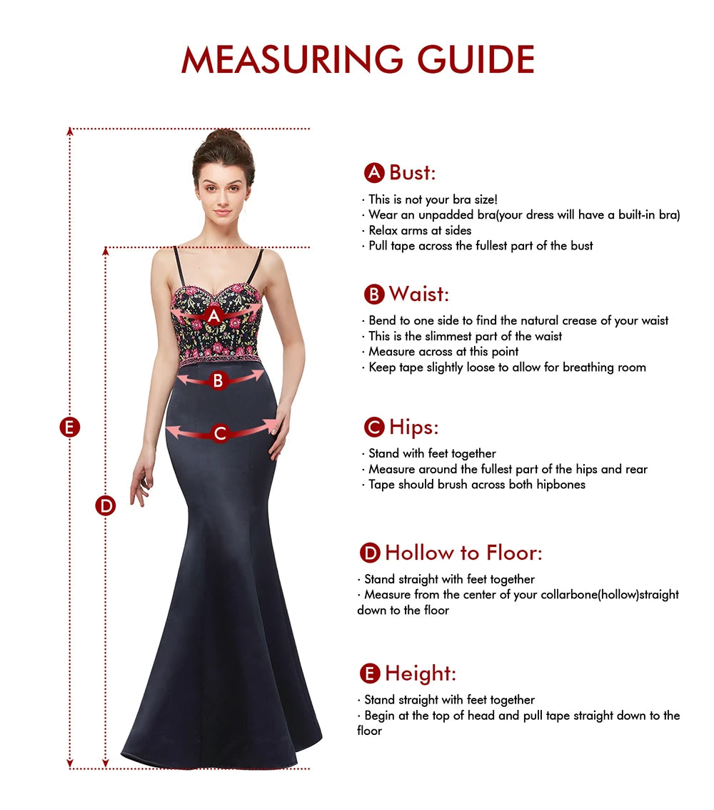 Guide showing how to measure bust, waist, hips, hollow to floor, and height