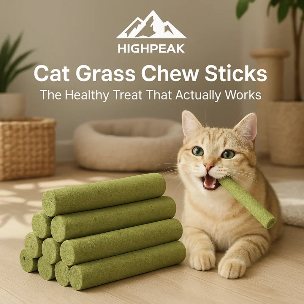 HighPeak Purrfectly Natural Cat Grass Chew Sticks with green chew sticks and a happy cat biting one indoors