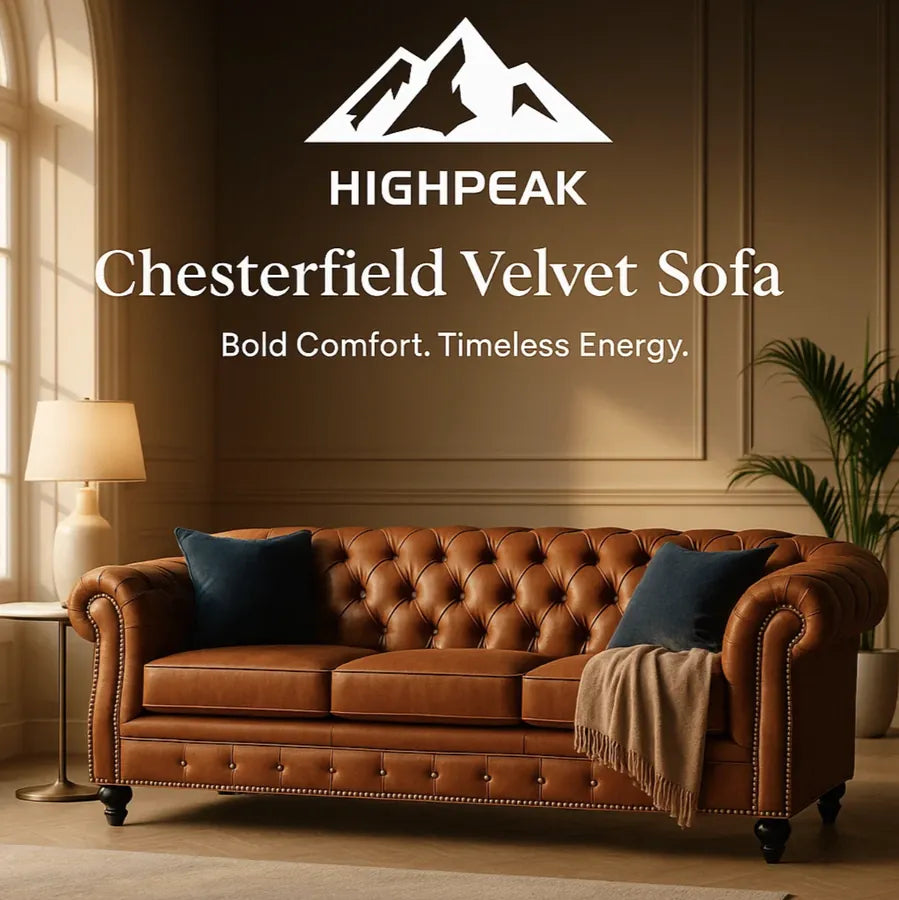 HighPeak Chesterfield Velvet Sofa in brown with tufted back, nailhead trim, rolled arms, and dark wood legs in cozy living room