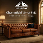 HighPeak Chesterfield Velvet Sofa in rich brown with tufted back and nailhead trim in elegant living room setting