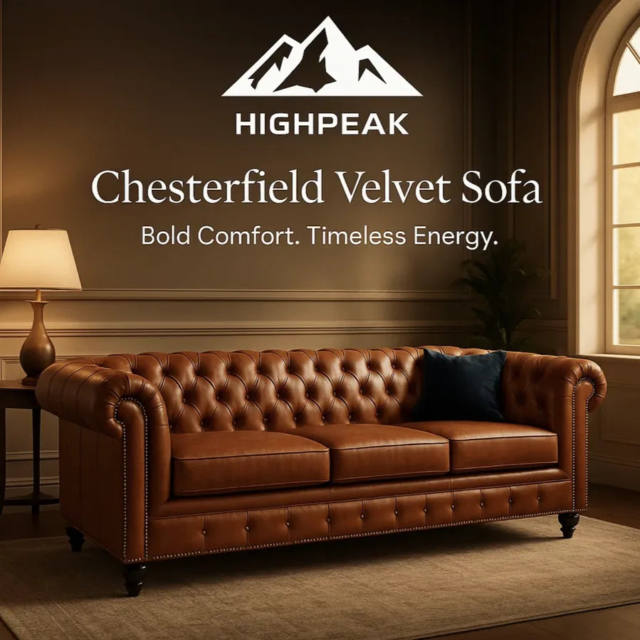 HighPeak Chesterfield Velvet Sofa in rich brown with tufted back and nailhead trim in elegant living room setting