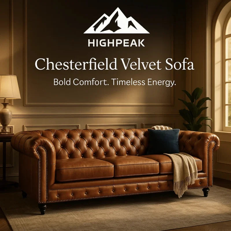 HighPeak Chesterfield Velvet Sofa in brown with tufted back, nailhead trim, and rolled arms in elegant living room setting