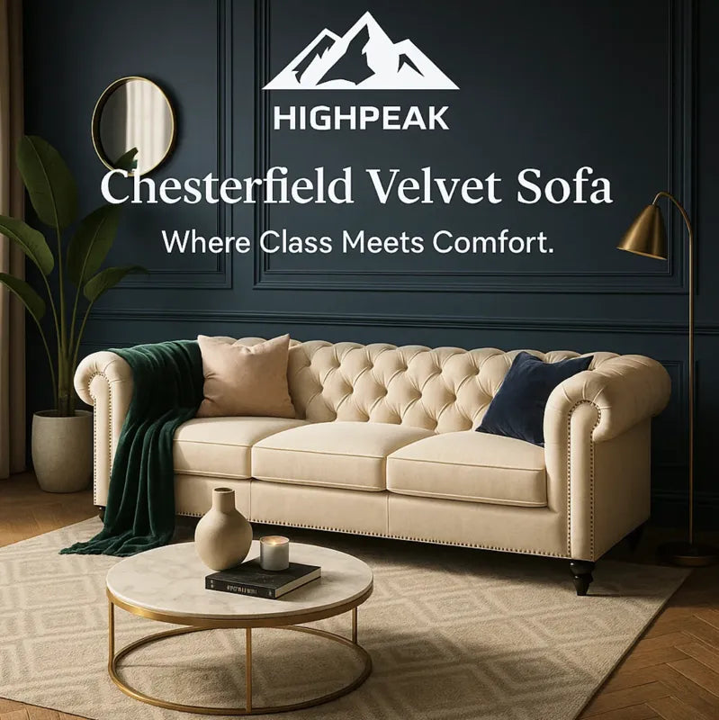 HighPeak Chesterfield Velvet Sofa in beige with tufted back and nailhead trim in a stylish living room setup