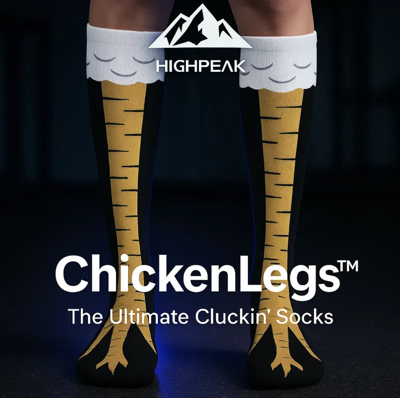 HighPeak ChickenLegs socks in yellow and white featuring realistic chicken claw design against dark background