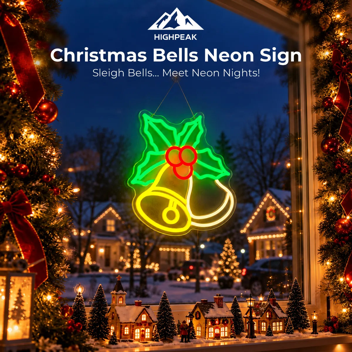 HighPeak Christmas Bells Neon Sign glowing yellow, green and red in a festive window display.