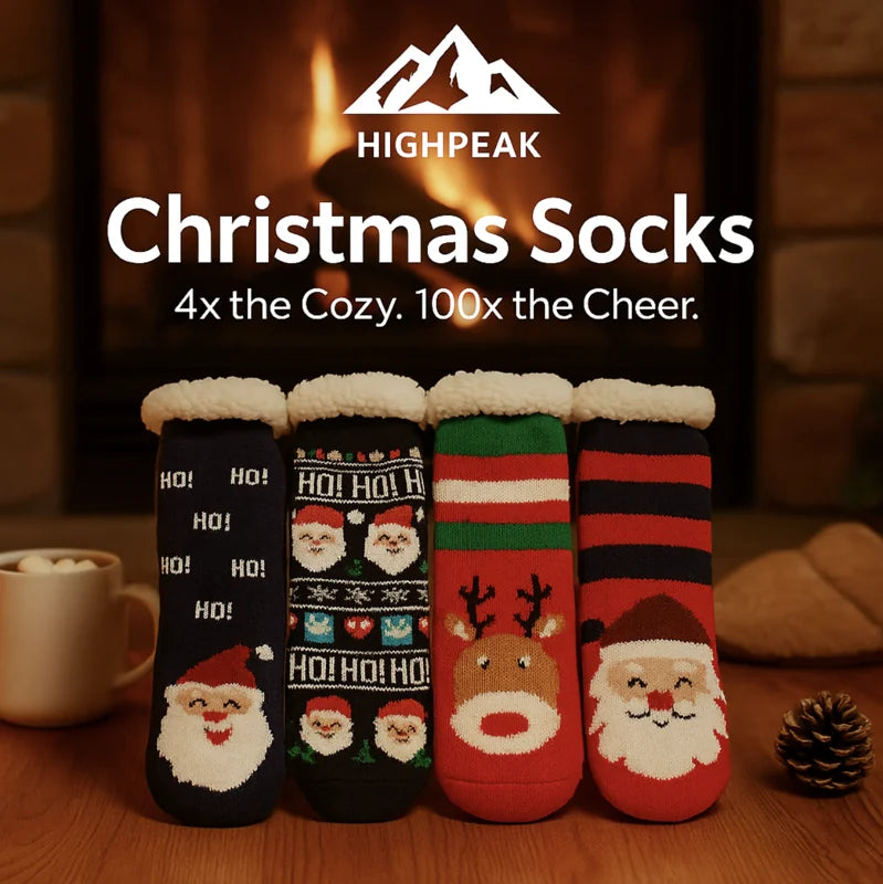 HighPeak Christmas Socks 4 Pack featuring fleece-lined festive Santa and reindeer designs by a fireplace for cozy holiday warmth