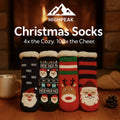 HighPeak Christmas Socks 4 Pack featuring fleece-lined festive Santa and reindeer designs by a fireplace for cozy holiday warmth