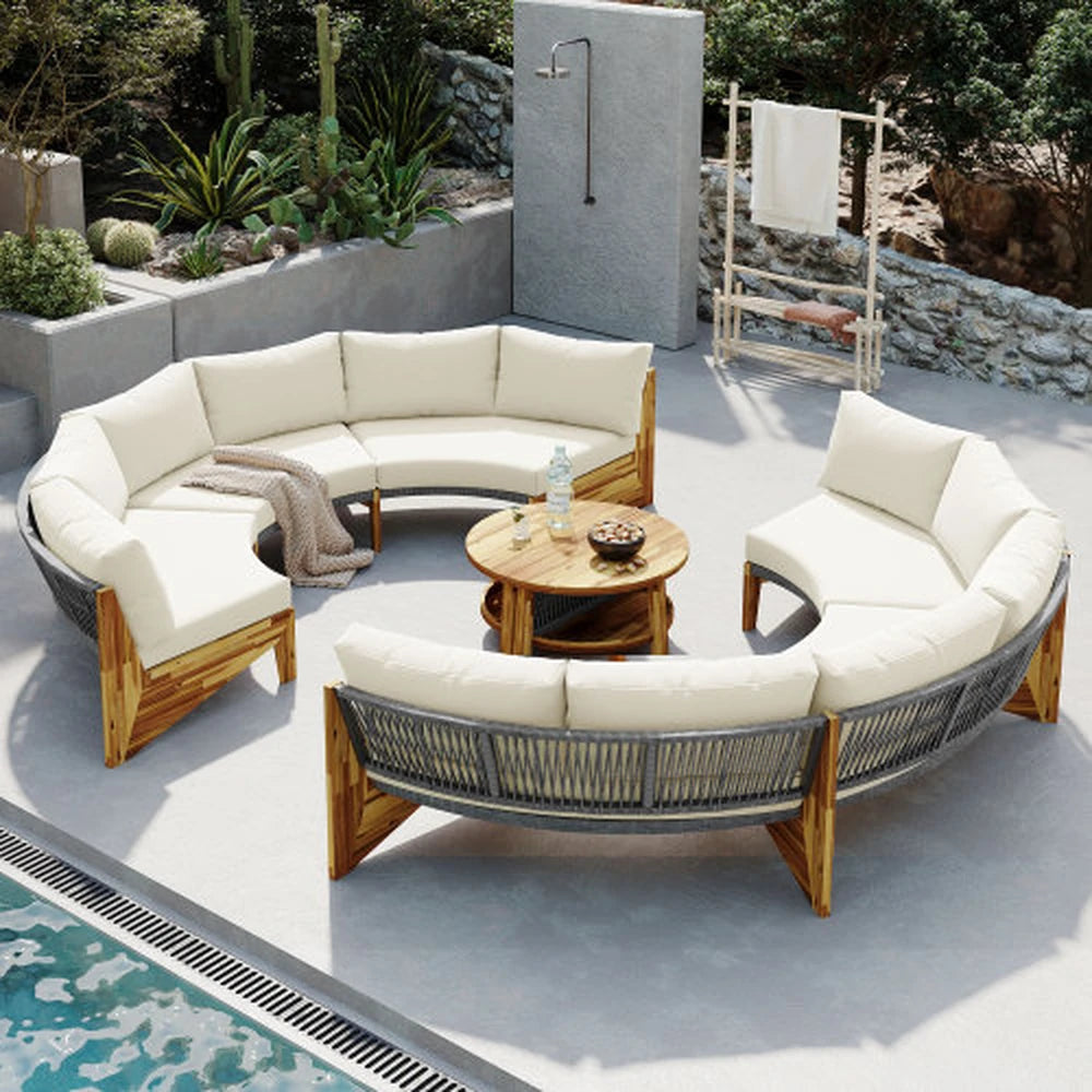 HighPeak U-Shaped Outdoor Sofa Set in beige cushions with wood-look frame and round coffee table by poolside on patio