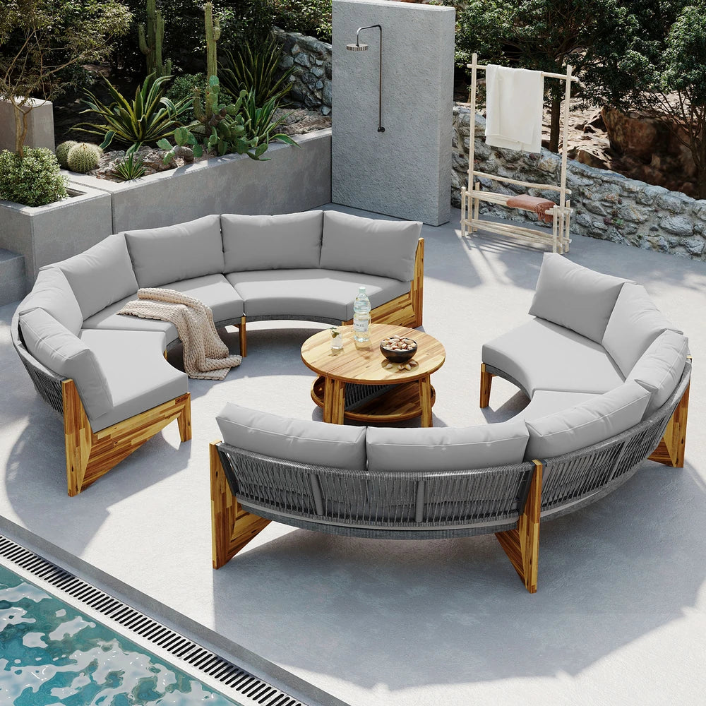 HighPeak U-Shaped Outdoor Sofa Set with gray cushions and natural wood frame around round coffee table by poolside