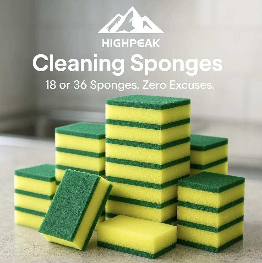 HighPeak Cleaning Sponges stacked on a kitchen counter, featuring yellow and green double-layer scrubbing surfaces.
