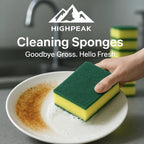 HighPeak Cleaning Sponges yellow and green double-layer sponge scrubbing a stained white plate in kitchen sink
