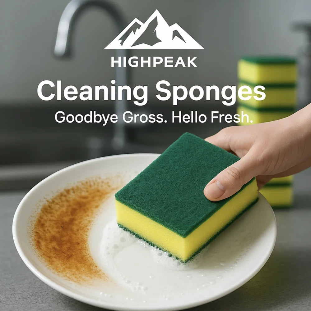 HighPeak Cleaning Sponges yellow and green double-layer sponge scrubbing a stained white plate in kitchen sink