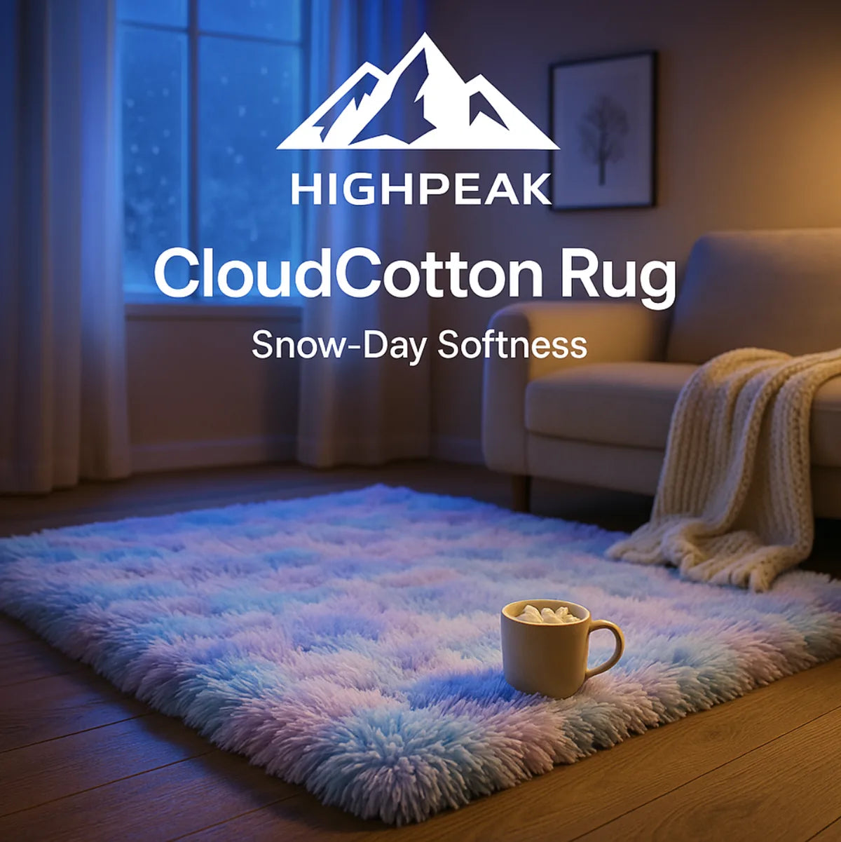 HighPeak CloudCotton Rug in pastel swirl colors on wood floor with cozy sofa and warm lighting ambiance
