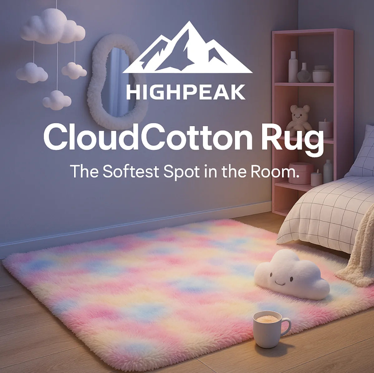 HighPeak CloudCotton Rug in pastel rainbow hues on bedroom floor with cozy decor and soft lighting ambiance
