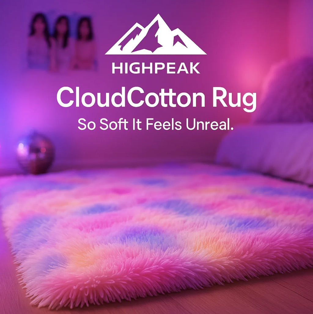 HighPeak CloudCotton Rug in pastel swirl colors on wood floor with cozy bedroom and soft lighting ambiance