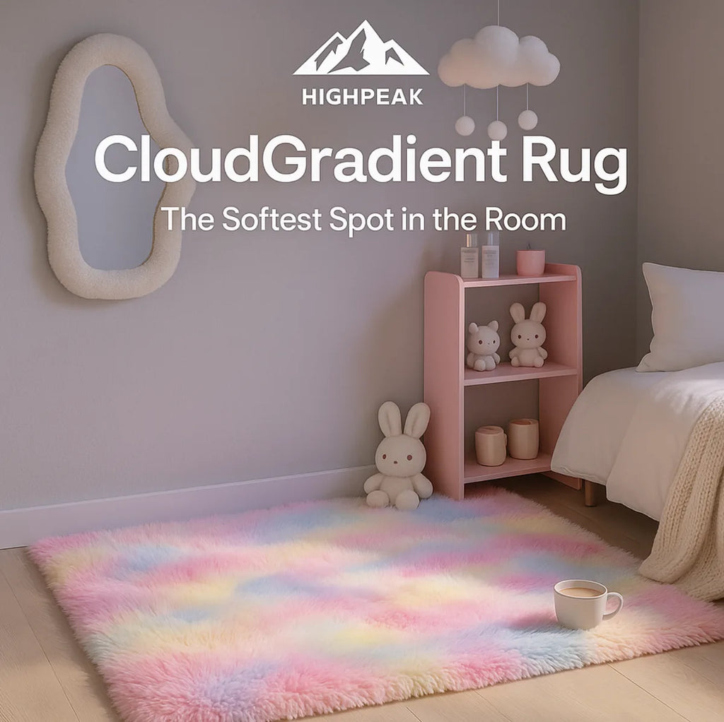 HighPeak CloudCotton Rug in pastel gradient colors in a cozy bedroom with soft lighting and plush decor