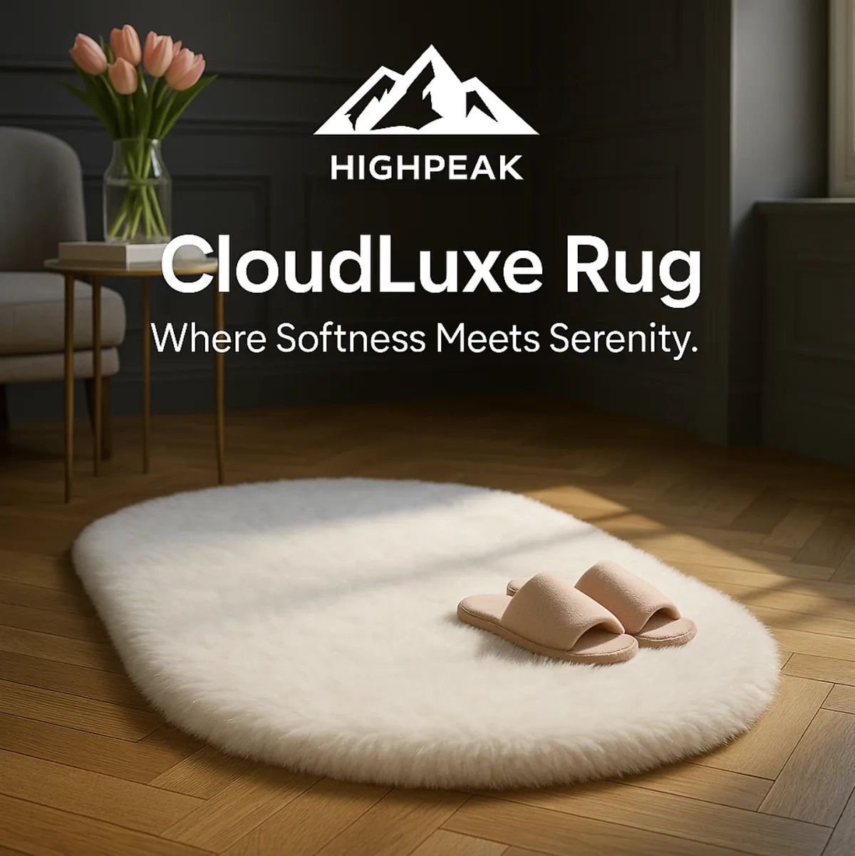HighPeak CloudLuxe™ Ultra Soft Rug in white oval shape on wood floor with beige slippers in cozy room setting