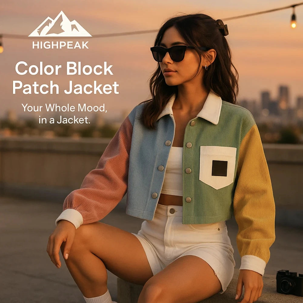HighPeak Color Block Patch Jacket Women in pastel corduroy with letter patch, worn off-shoulder in outdoor urban setting