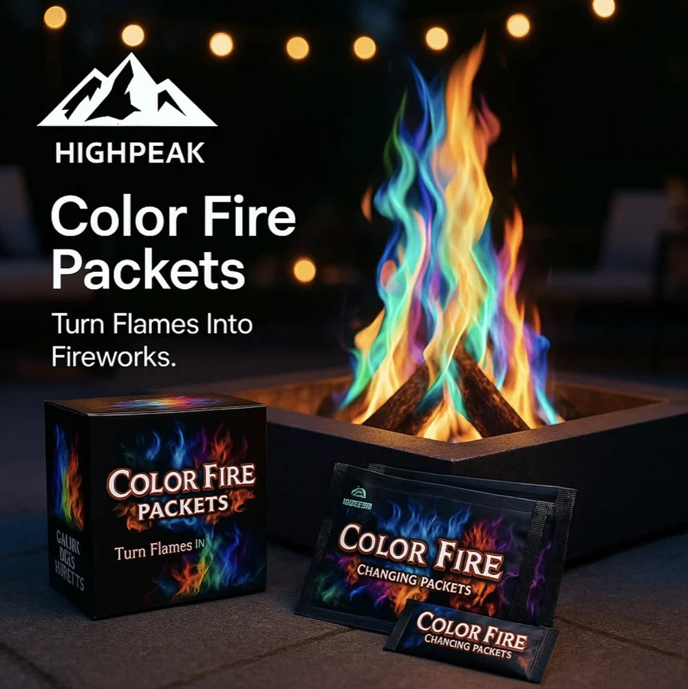HighPeak Color Fire Packets (12pcs) with multi-color flames transforming a fire pit for vibrant outdoor ambiance
