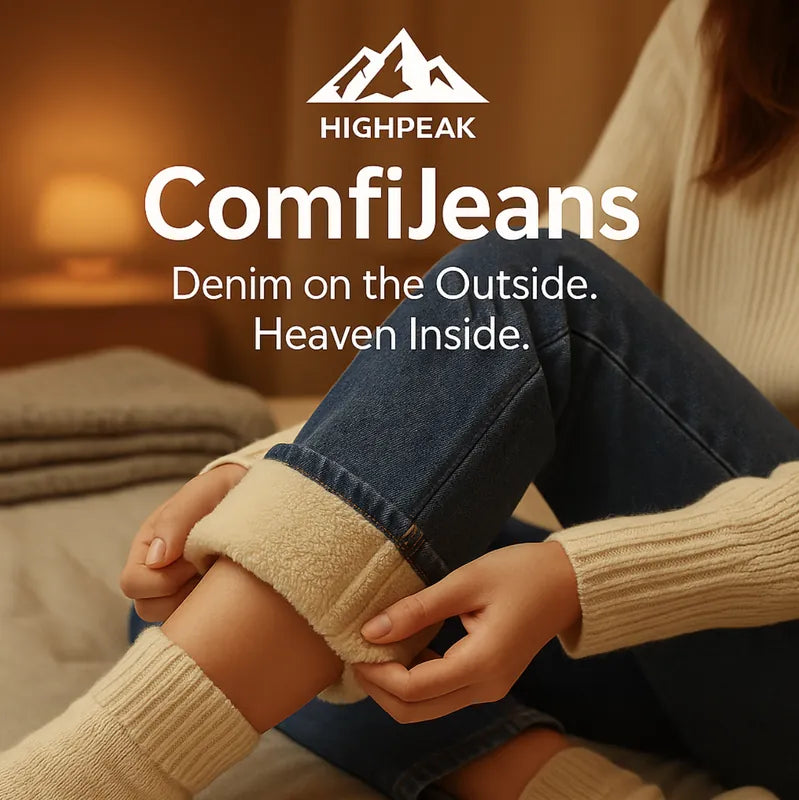HighPeak ComfiJeans in dark denim with fleece lining shown worn indoors with cozy sweater and socks.
