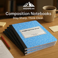 HighPeak Composition Notebooks 4-Pack with sturdy blue and black covers stacked on a desk with coffee and notes