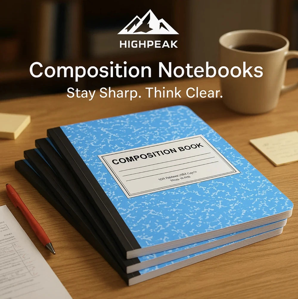 HighPeak Composition Notebooks 4-Pack with classic blue and black covers on a desk with coffee and notes