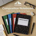 HighPeak Composition Notebooks 4-pack in black, red, blue, and green with classic covers on a wooden desk.