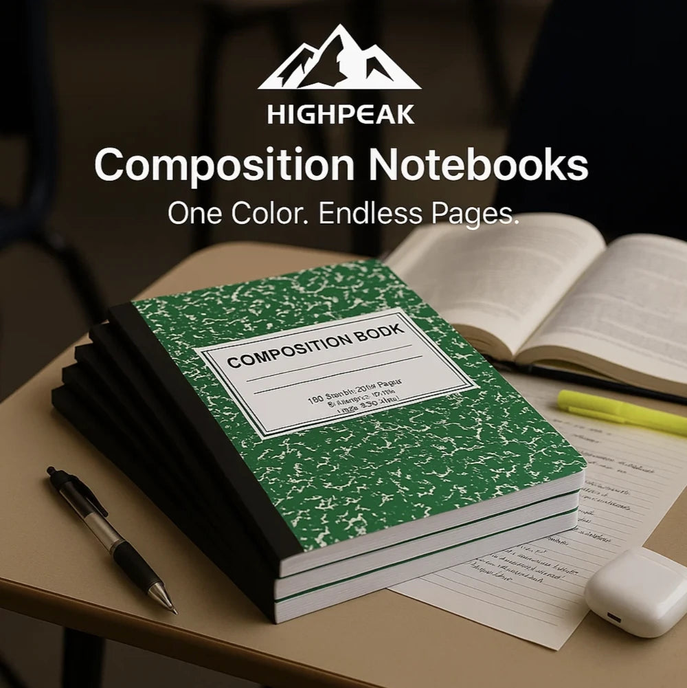 HighPeak Composition Notebooks 4-pack with green classic covers stacked on desk with pen, paper, open book, and earbuds