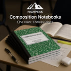 HighPeak Composition Notebooks 4-pack in green with sturdy covers, 200 pages each, on a desk with pen and open book