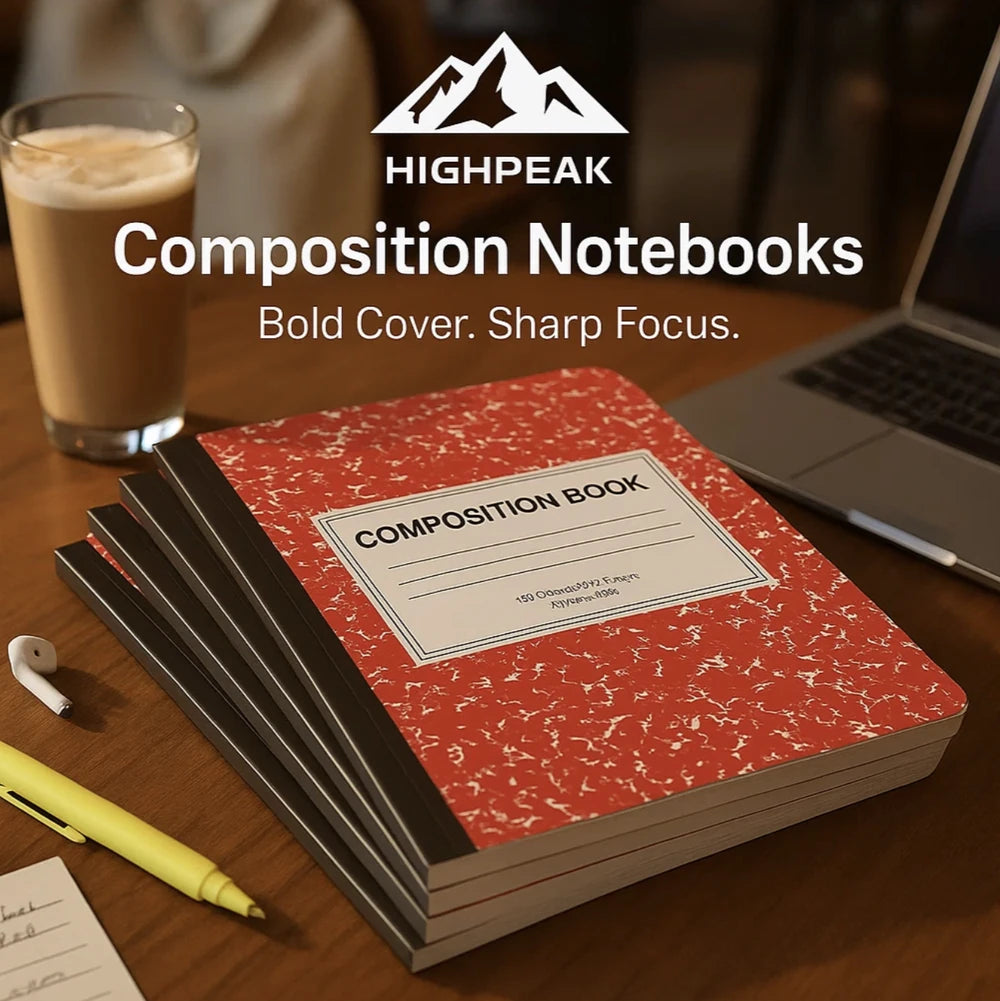 HighPeak Composition Notebooks 4-pack with classic red cover, 200 pages each, stacked on wooden desk next to laptop and coffee