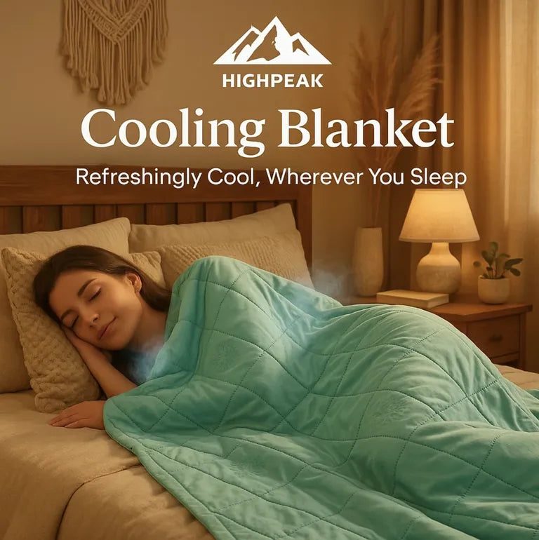 HighPeak Cooling Blanket in light blue on bed with woman sleeping comfortably, showcasing breathable, cooling fabric.
