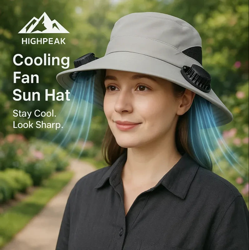 HighPeak Cooling Fan Sun Hat in light gray with dual fans worn outdoors for sun protection and cooling breeze