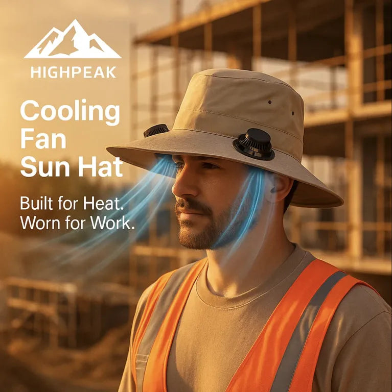 HighPeak Cooling Fan Sun Hat in tan with dual fans worn by worker at construction site for heat relief and sun protection