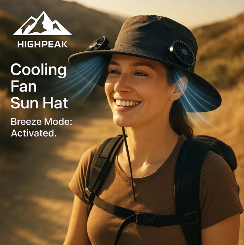 HighPeak Cooling Fan Sun Hat in black worn by happy woman hiking outdoors with dual fans activated for cooling breeze