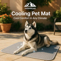 HighPeak Cooling Pet Mat Pad in gray with breathable, lightweight fabric and a husky relaxing outdoors on a patio.
